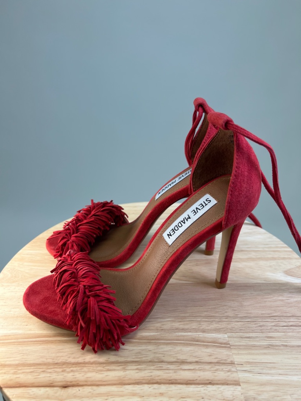 Steve Madden Red Suede Tassel Fringe Ankle-Tie Heels Sassey Size 5.5 - Picture 7 of 16